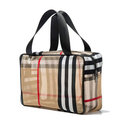 Travel Khaki PVC Stripe Mesh Makeup Bag สำหรับผู้หญิง